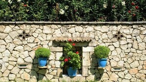Un muro de piedra con una ventana, dos plantas en macetas y un pequeño estante.