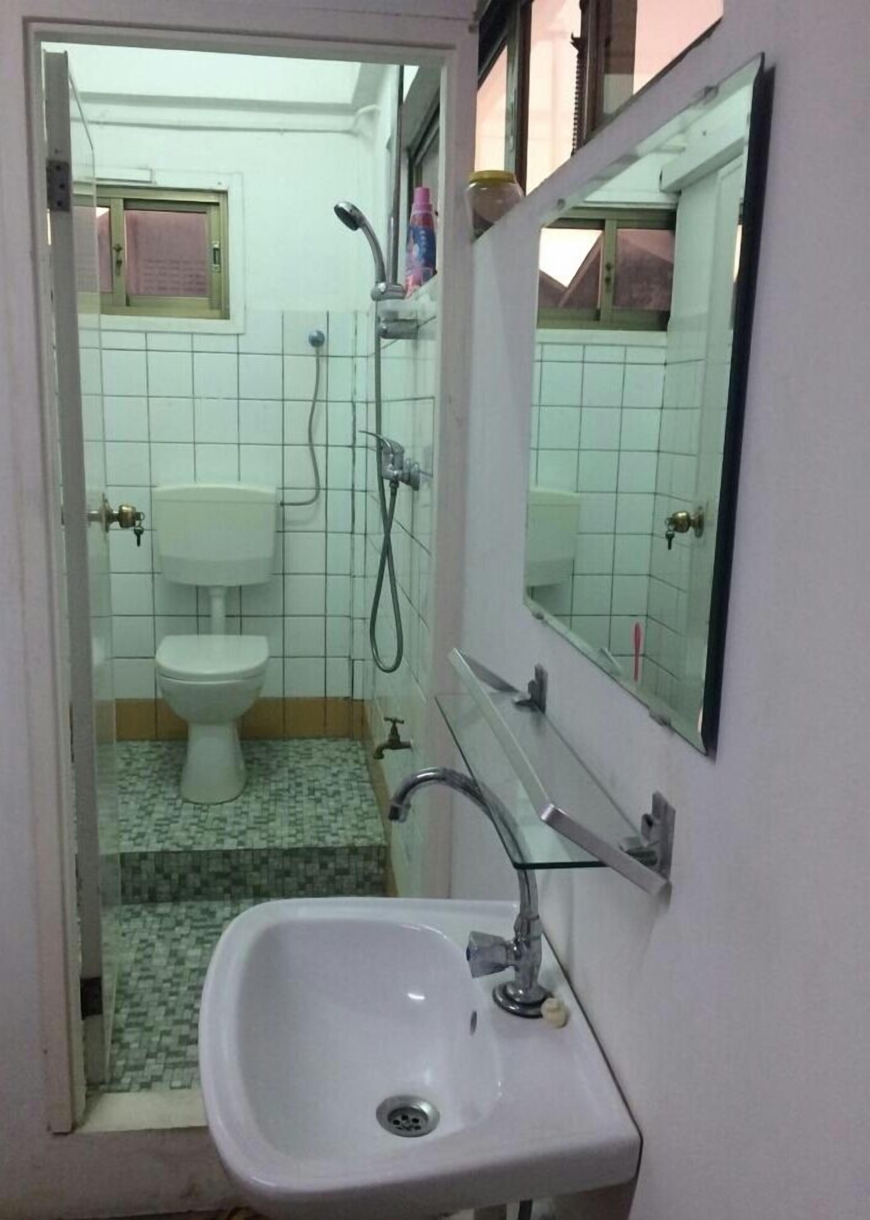 A small bathroom with a white sink, a toilet, and a shower.