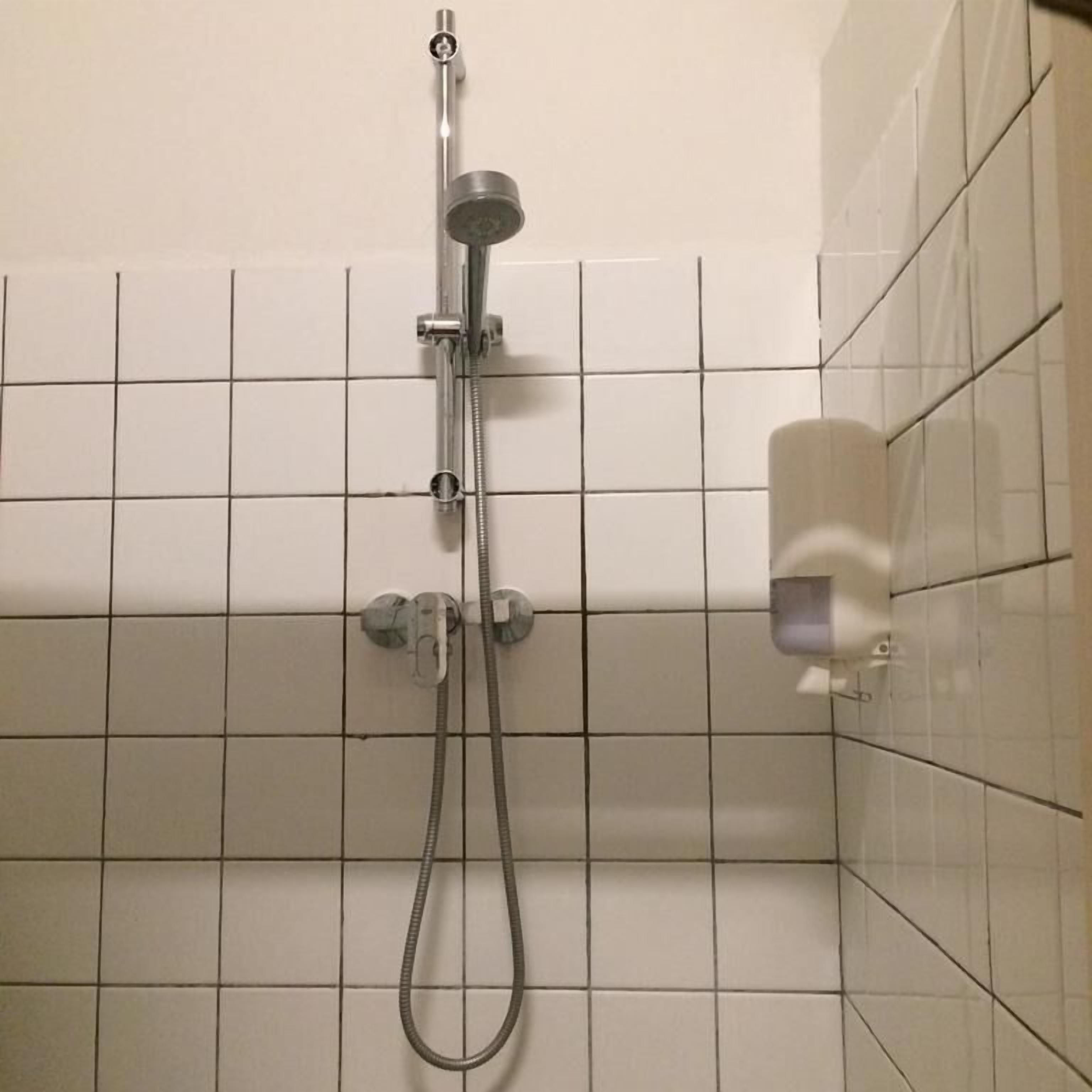 A shower with a handheld showerhead and a fixed showerhead, mounted on a tiled wall.
