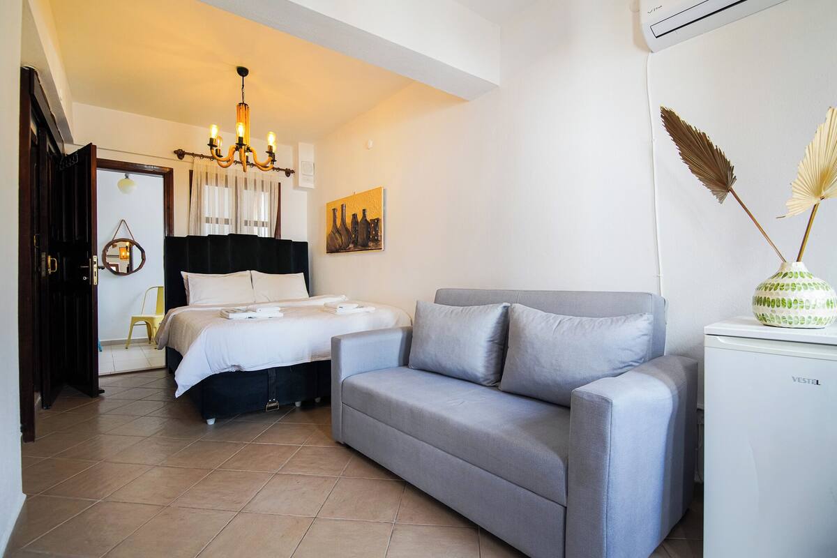 A bedroom with a bed, a grey sofa, a small white fridge, and a chandelier.