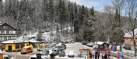 A hotel with a signboard, a parking area, and a snowy forest in the background.