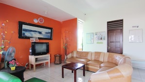 Uma sala de estar com sofá, mesa de centro, televisão e ventoinha.
