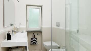Un baño moderno con cabina de ducha de vidrio, un lavabo blanco y un inodoro.