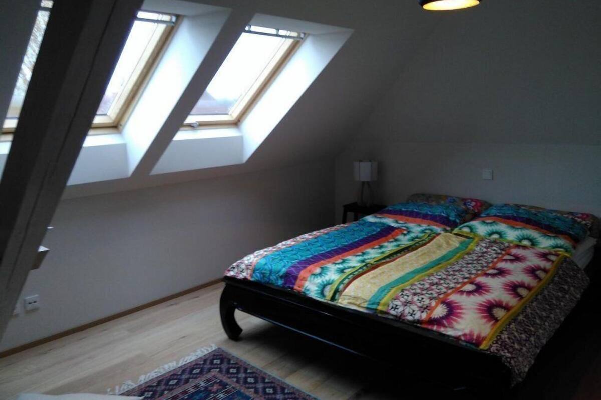 Een slaapkamer met dakraam, een bed met kleurrijk sprei, nachtkastje en lamp.