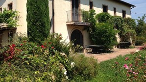 Un bâtiment à deux étages doté d’un balcon, entouré d’une végétation luxuriante et de plantes en fleurs.