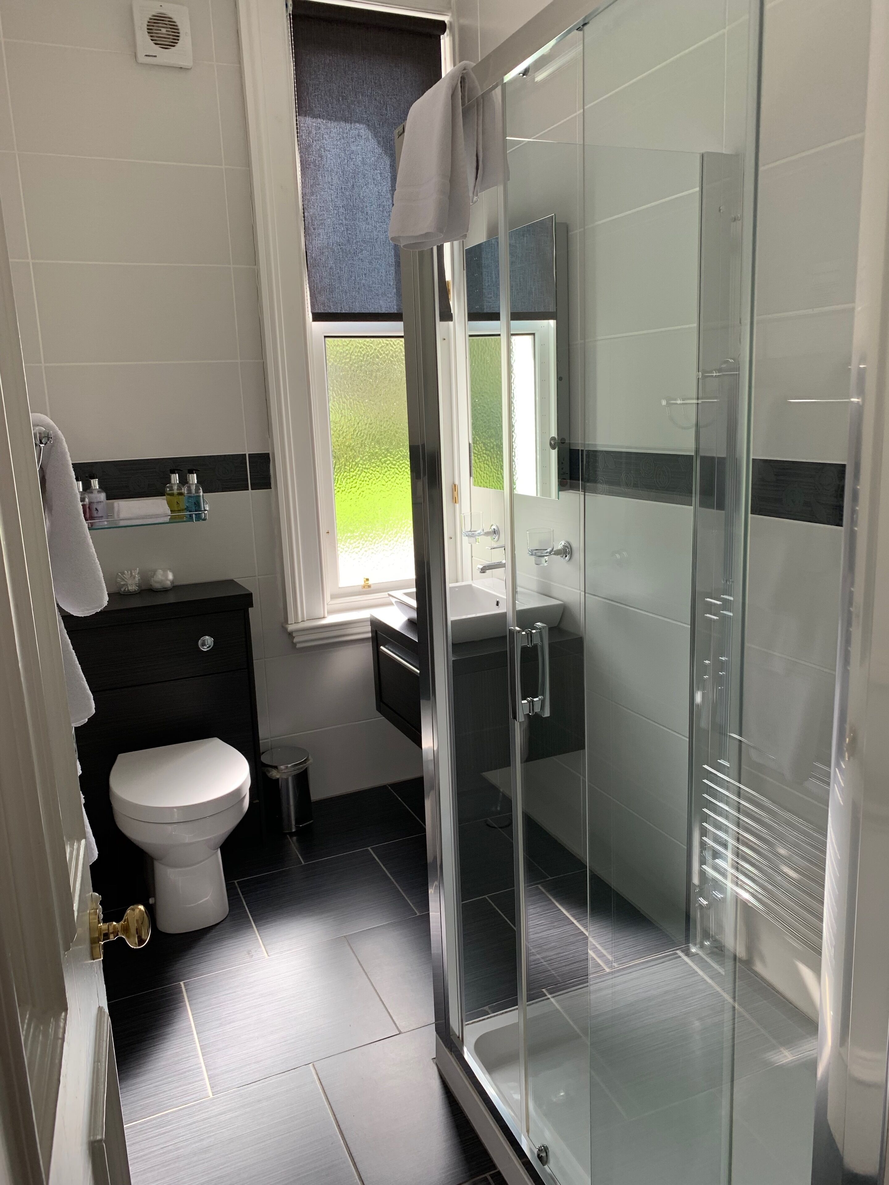 A modern bathroom with a glass-enclosed shower, a toilet, and a sink.