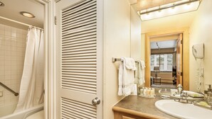 A bathroom with a shower, toilet, sink, and a mirror with a light above it. - Dog Friendly Aspen Alps Condo walking distance to town with Pool (Aspen)