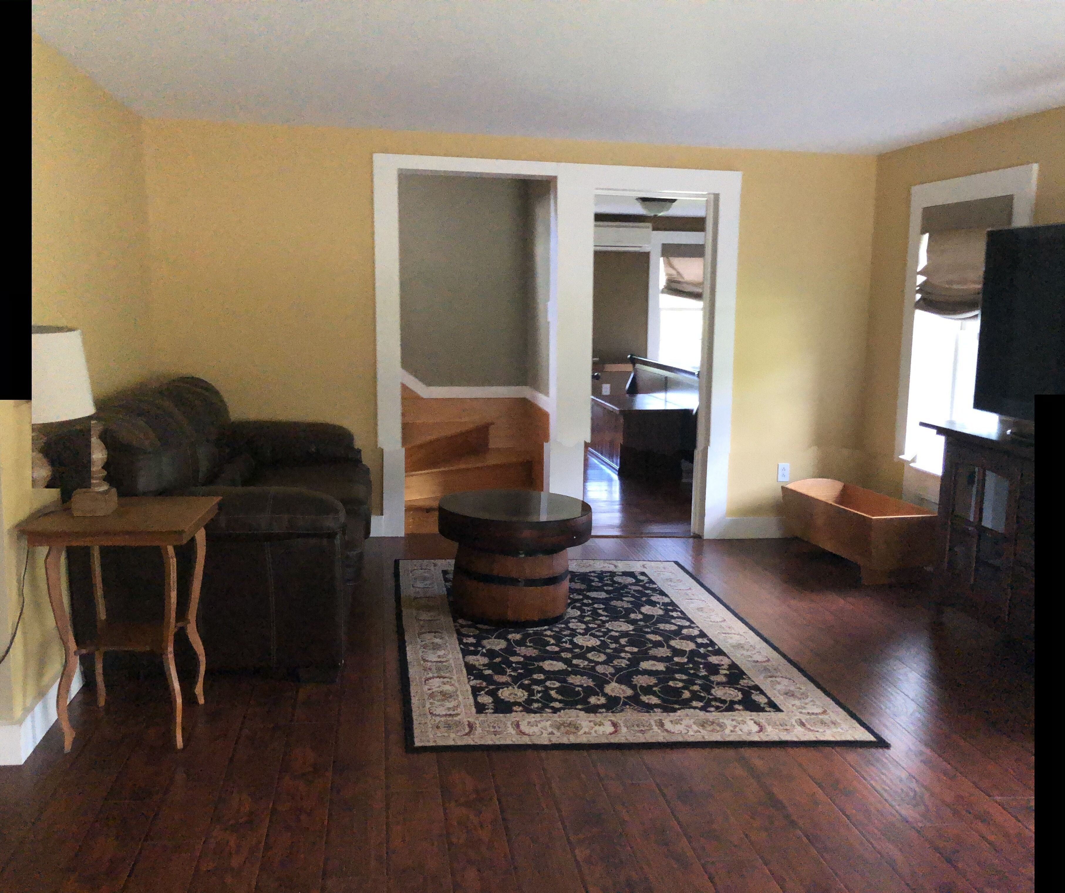 A living room with a dark brown sofa, a wooden coffee table, a patterned rug, and a television on a stand.