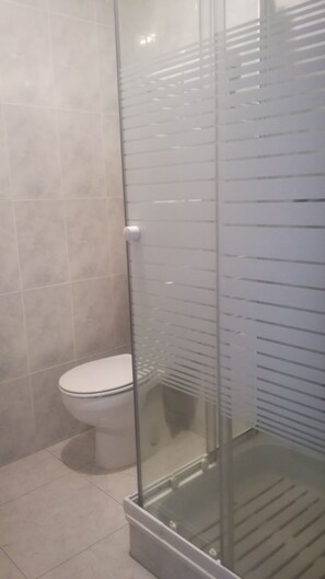 Un baño con ducha separada por mampara de vidrio, inodoro y paredes de azulejos.