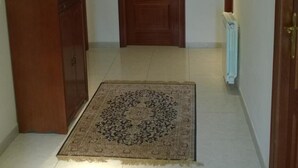A hallway with a wooden door, a fire extinguisher, a radiator, and a patterned rug.