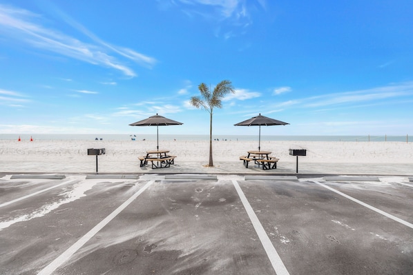 A parking area with picnic tables and umbrellas, a palm tree, and a beach in the background.