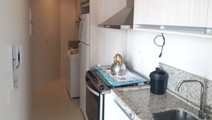 Een kleine keuken met witte kastjes, een roestvrijstalen spoelbak en een gasfornuis.