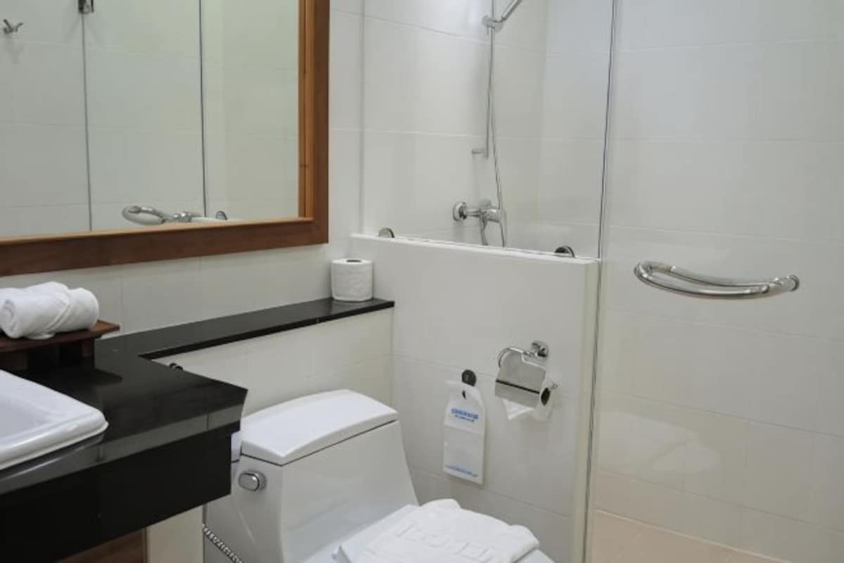 Un baño con inodoro, lavamanos, espejo, ducha y toallero.