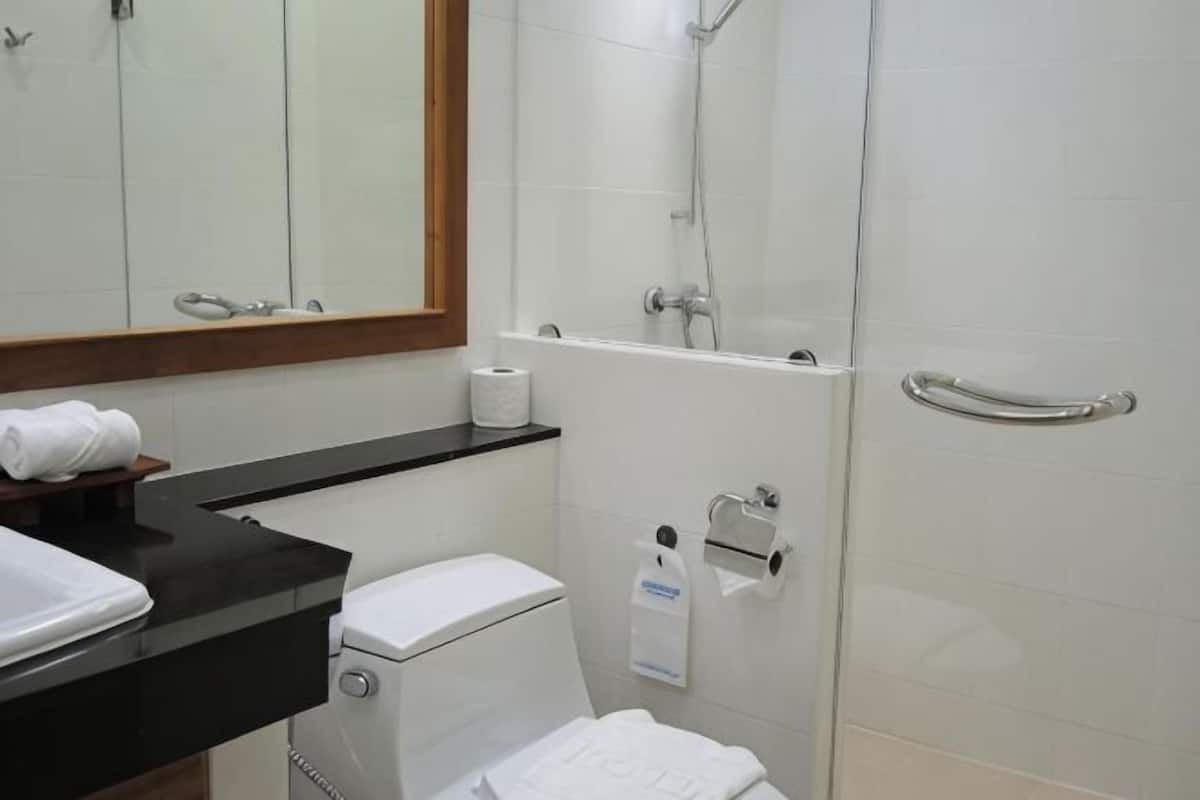 A bathroom with a toilet, a sink, a mirror, a shower, and a towel rack.