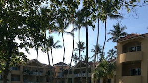 A hotel courtyard with palm trees, a paved walkway, and a building with balconies. - BEACHFRONT STUDIO APARTMENT WITH GREAT VIEW OF THE OCEAN. (Cabarete)