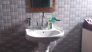 Hair dryer, towels, shampoo, toilet paper