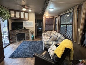 Télévision à écran plat, cheminée, chaîne hi-fi