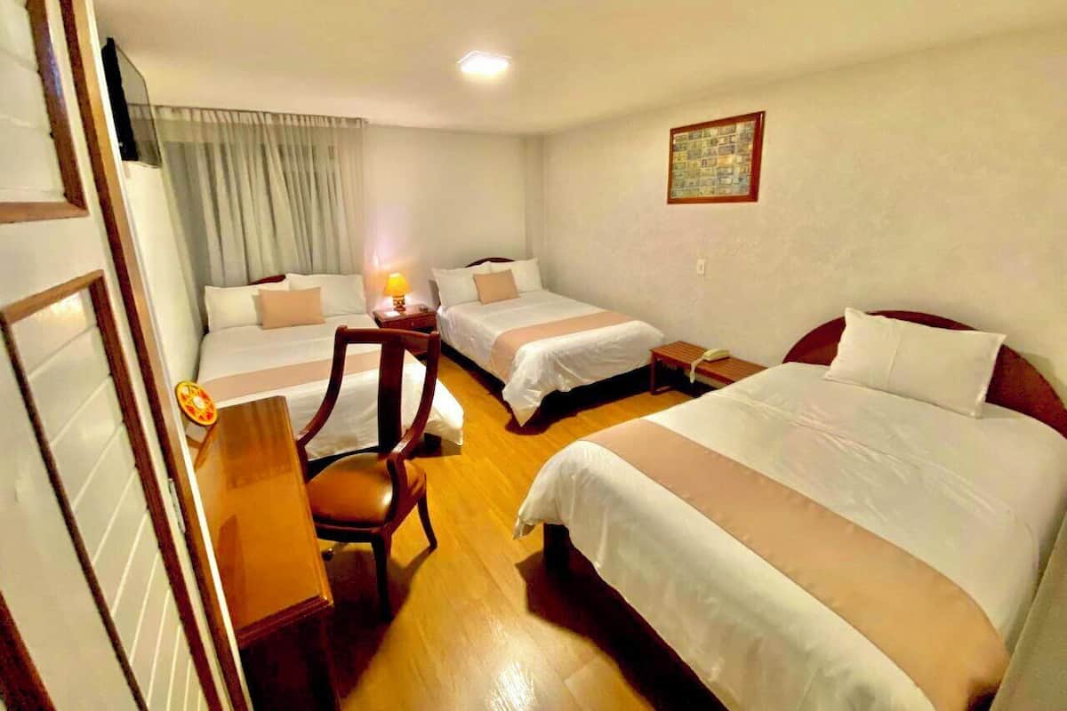 Una habitación de hotel con dos camas individuales, un escritorio y una silla.
