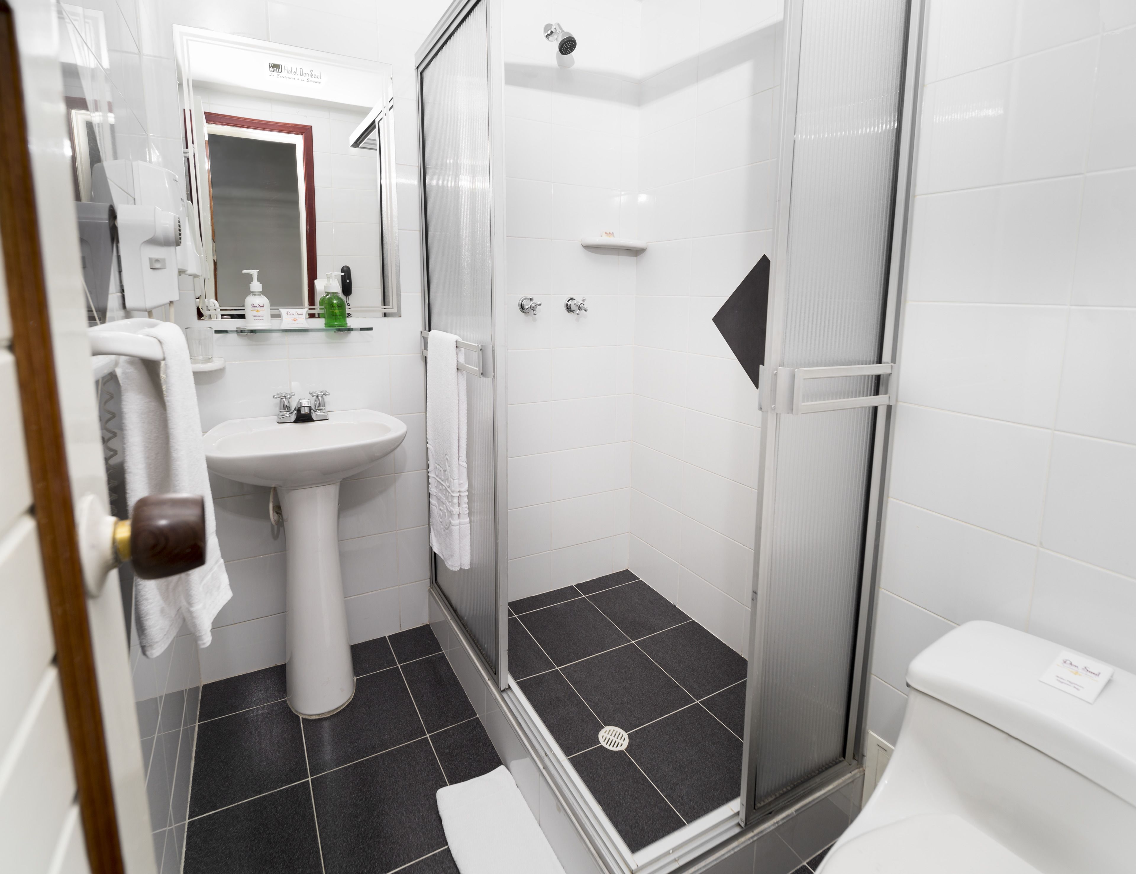 Ein modernes Badezimmer mit einer gläsernen Duschkabine, einem weißen Waschbecken und einem Spiegel.