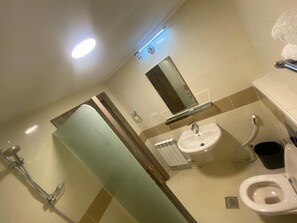 A bathroom with a shower, sink, toilet, and a mirror.