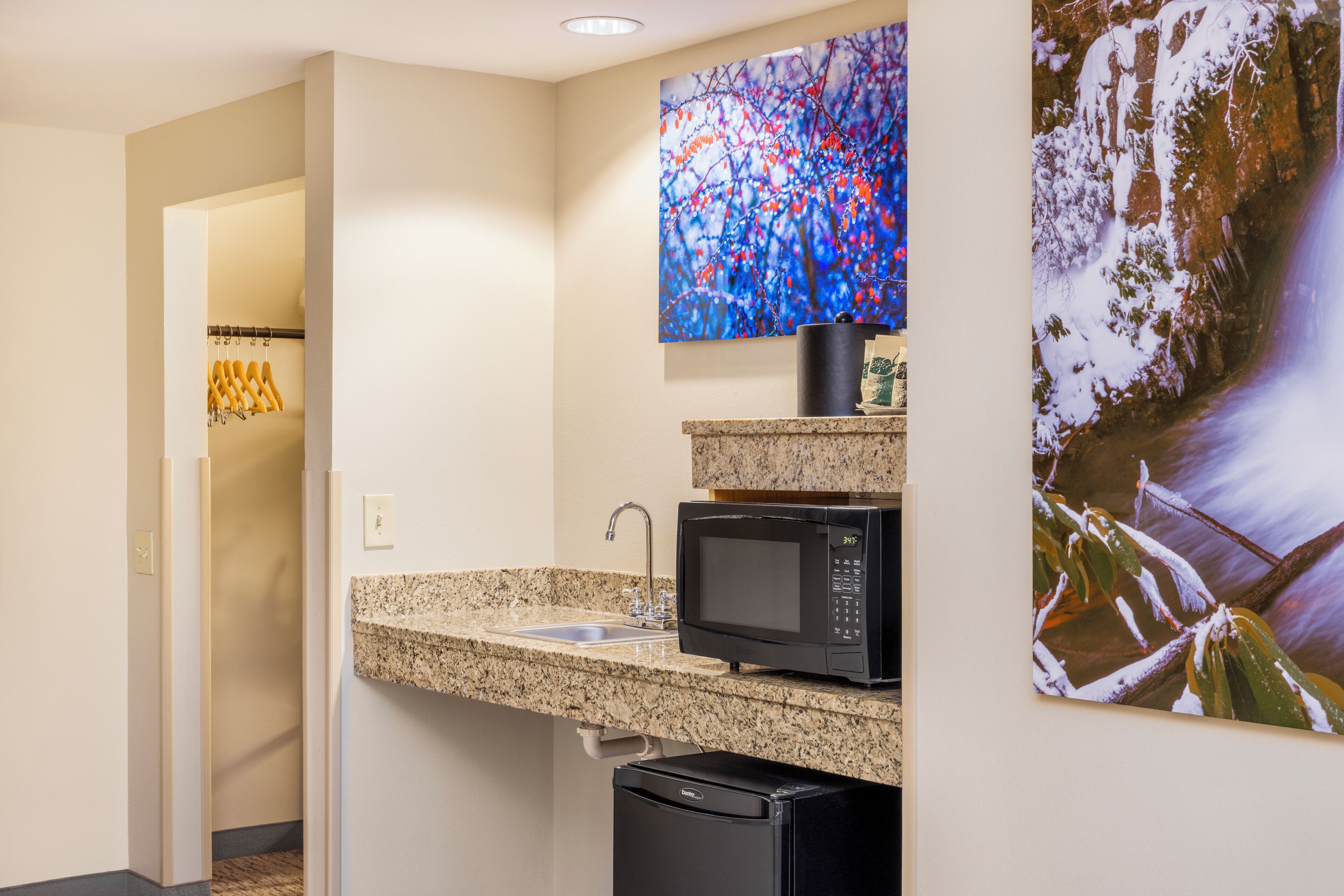 A compact kitchen with a granite countertop, a built-in microwave, and a dishwasher.