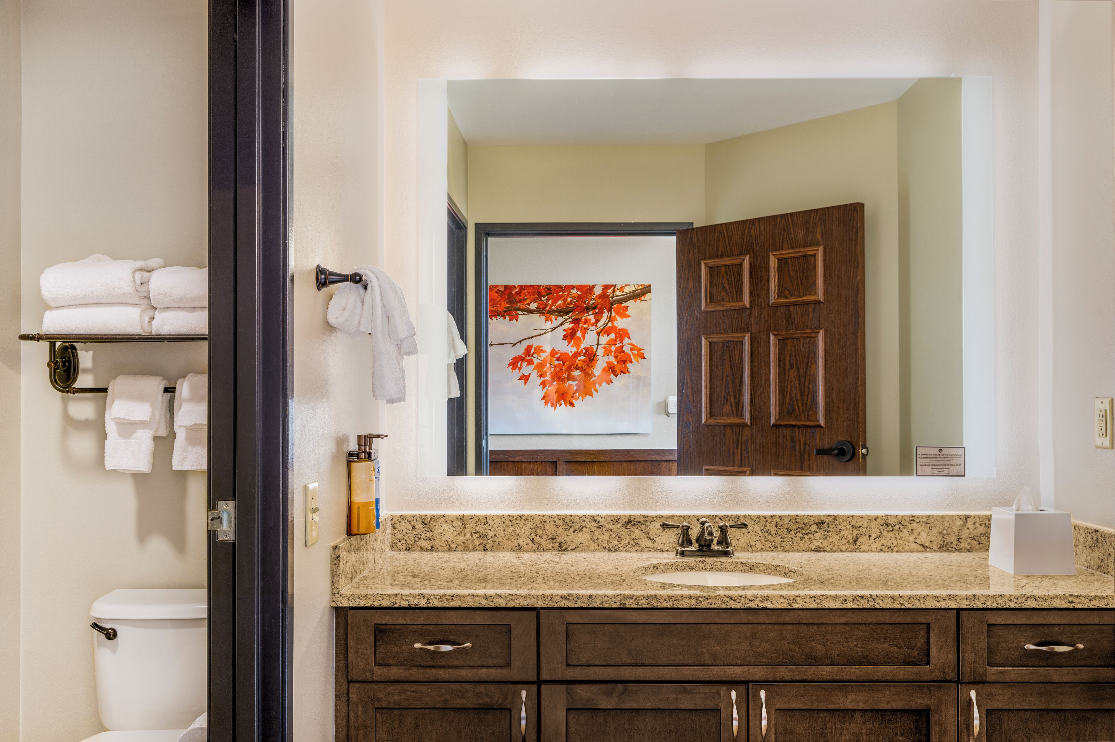 A bathroom with a granite countertop, a sink, and a mirror. There are towels on a shelf and a door with a wooden panel.