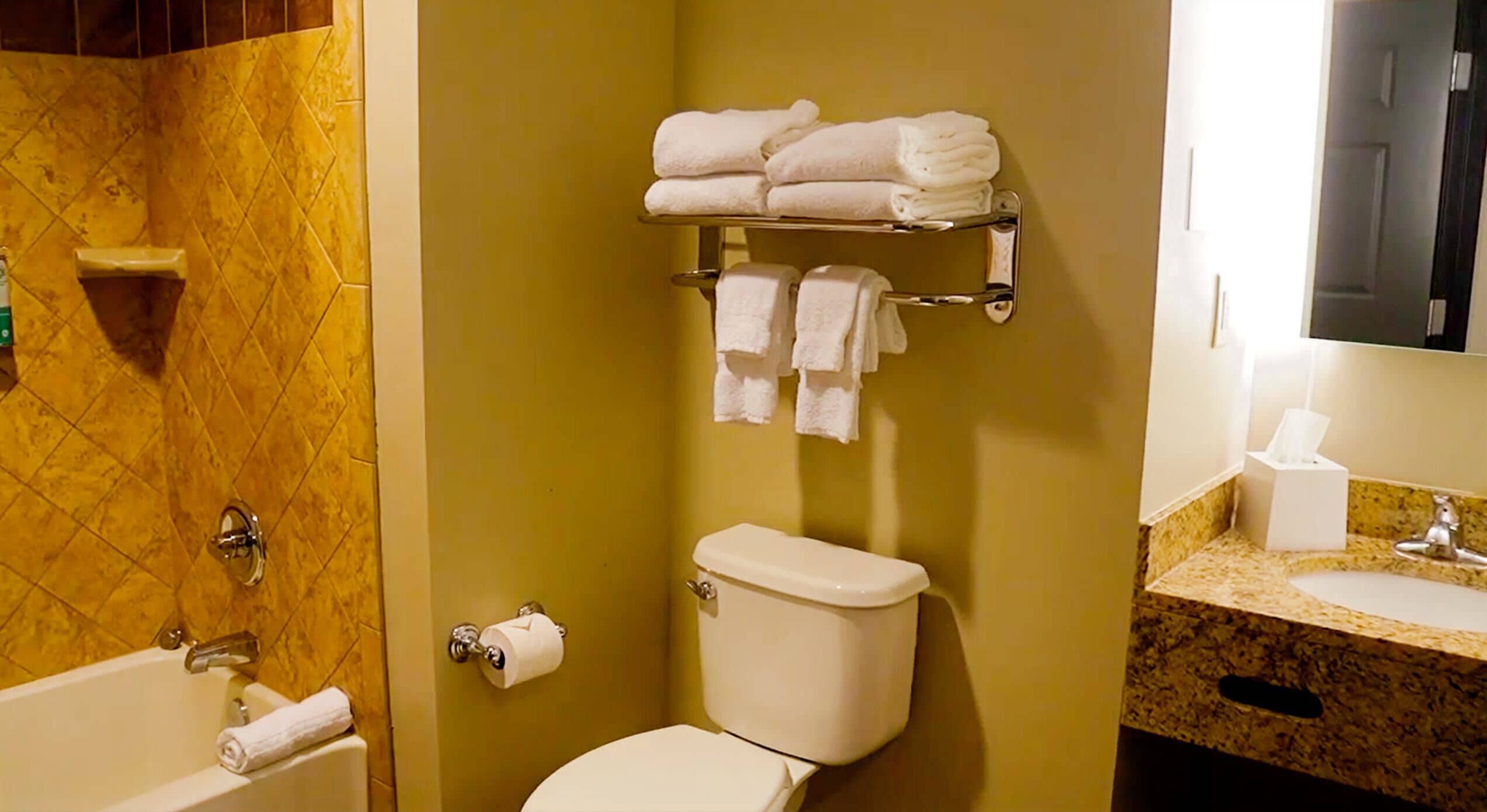 Une salle de bain avec des toilettes, un lavabo et une baignoire. Il y a des serviettes sur un porte-serviettes et un support à papier toilette.