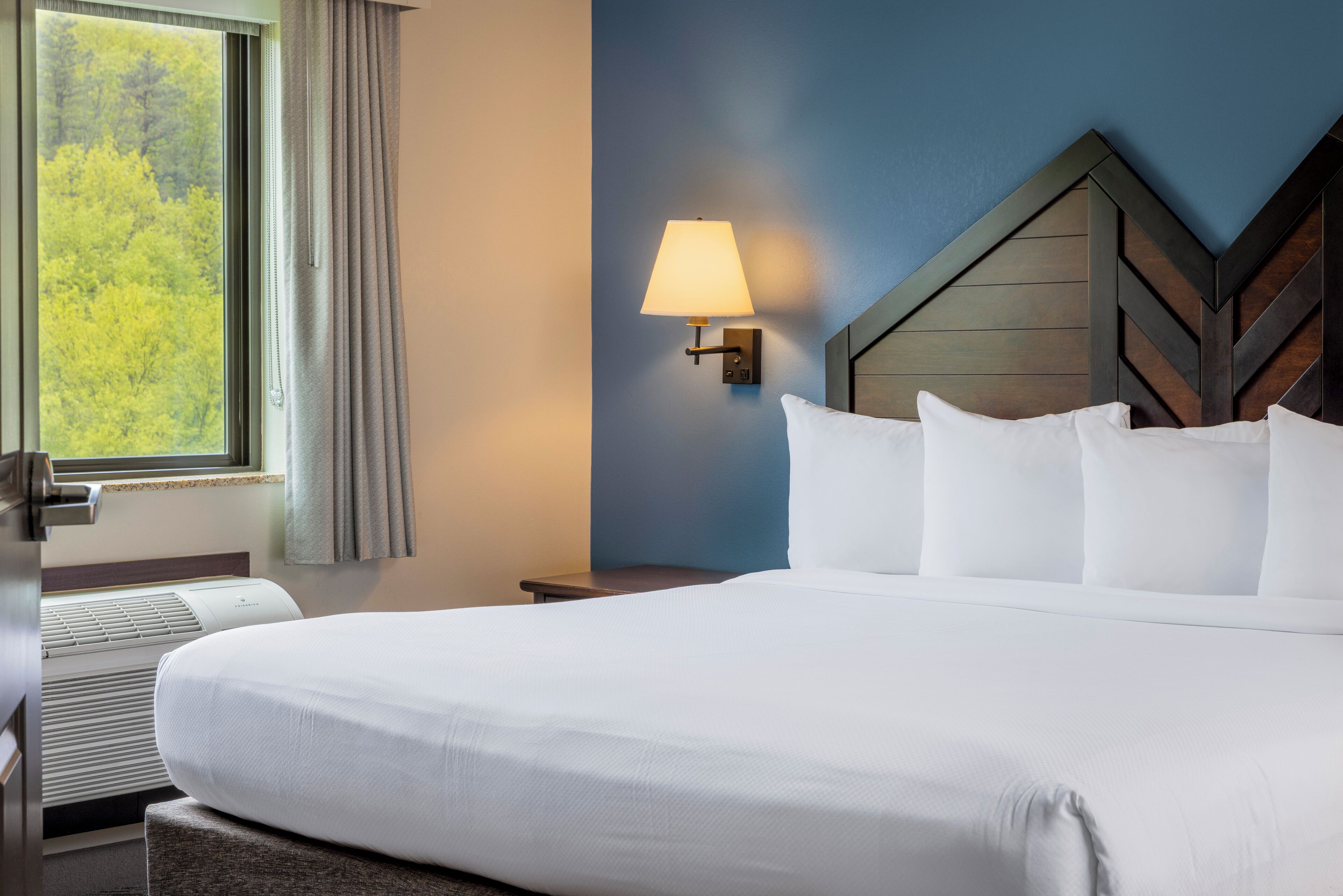 A hotel room with a large bed, a nightstand, a lamp, a window with curtains, and a view of trees.