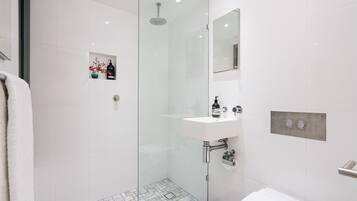 Shower, hair dryer, heated floors, towels
