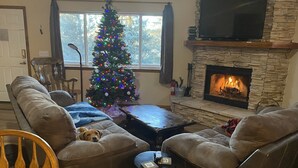 A living room with a fireplace, a Christmas tree, and a dog on a couch. - This is your mountain getaway! (Lake George)