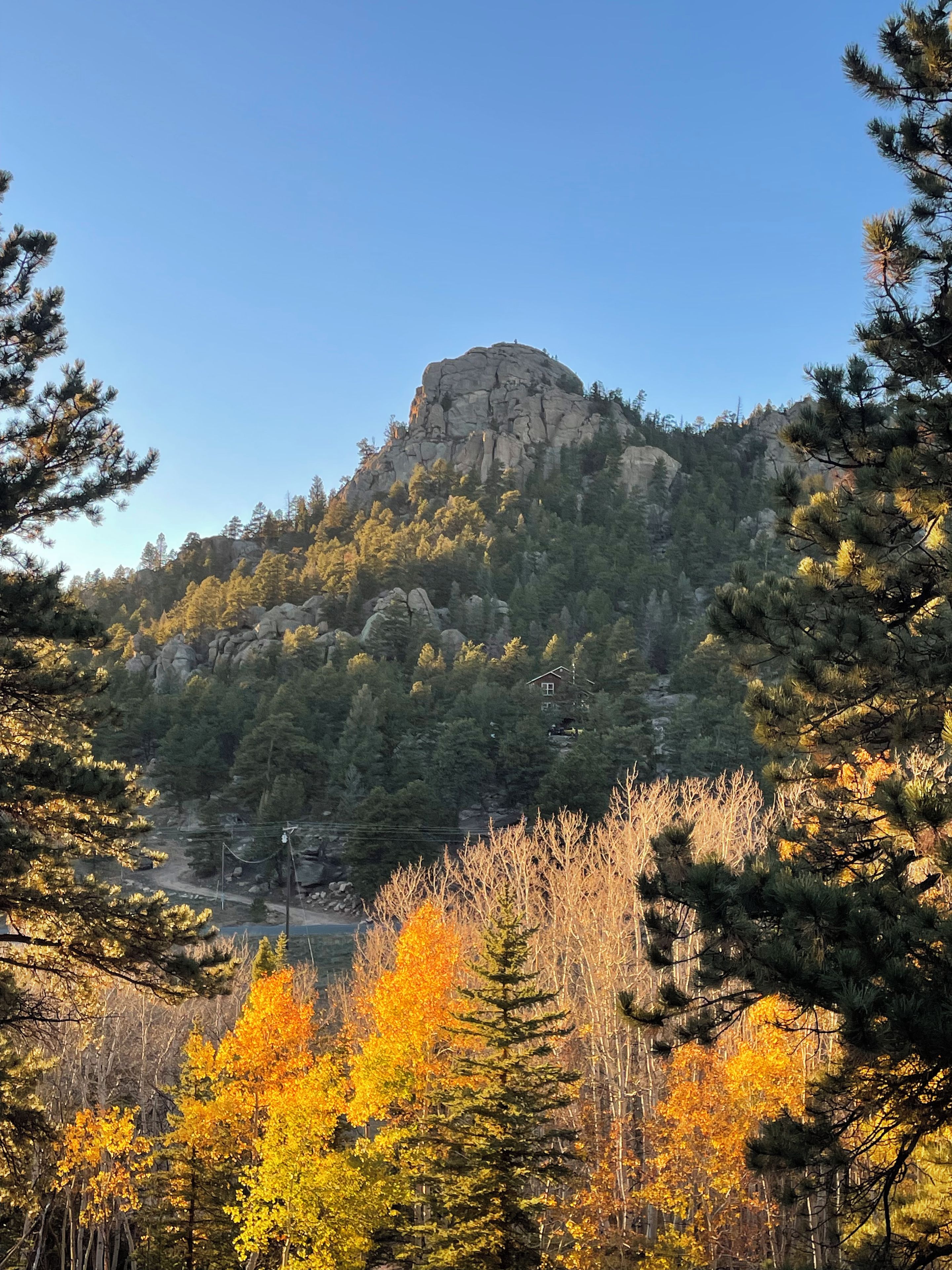 Eine Berglandschaft mit einer markanten Felsformation, dichtem Wald und Bäumen in Herbstfarben.