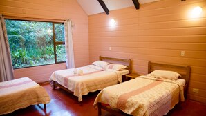 A room with three single beds, wooden headboards, and a large window with curtains. - Cabañas Las Orquideas (Miramar)