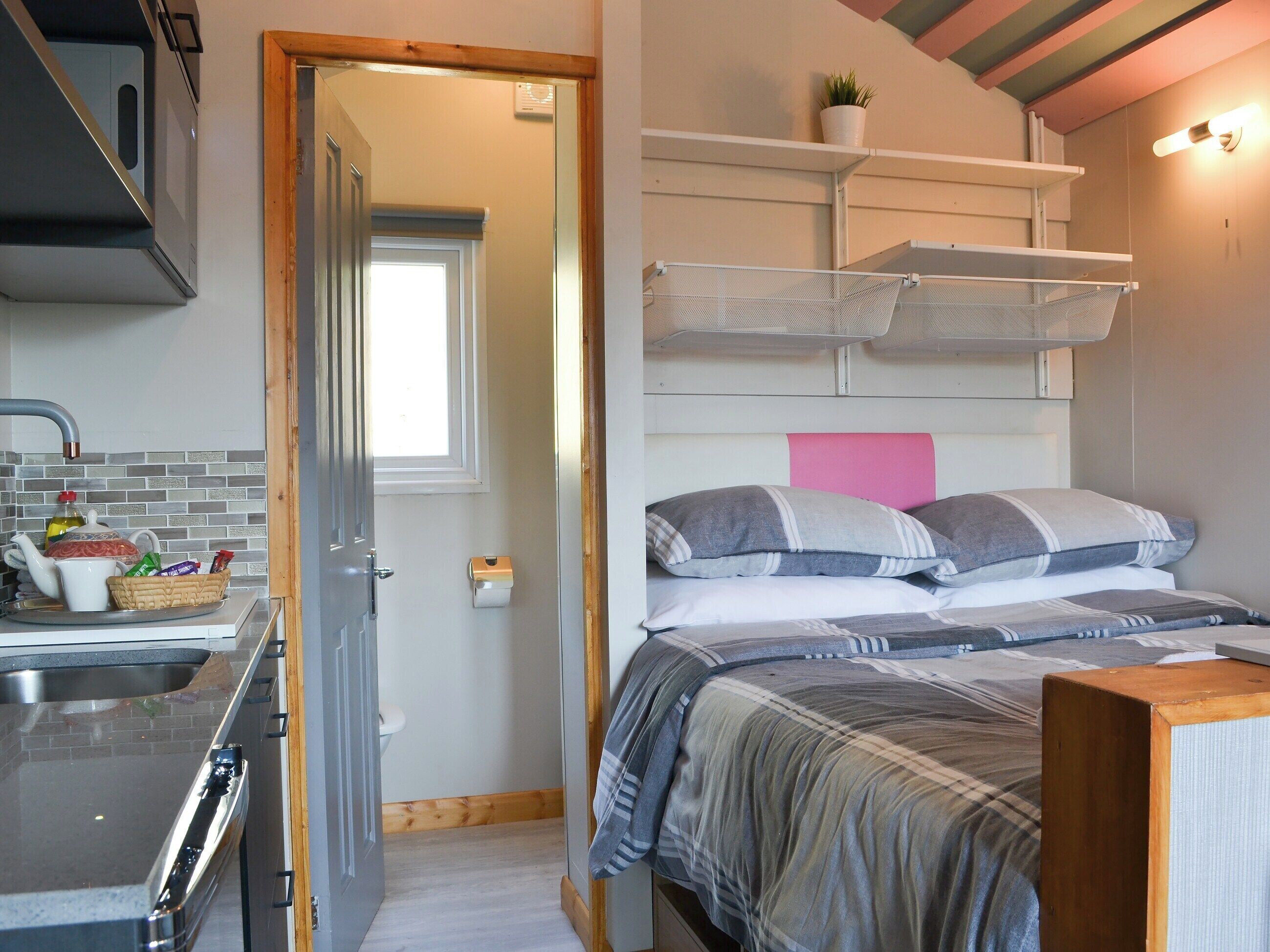 A compact room with a kitchenette, a bed with multiple pillows, and a small shelf with a plant.