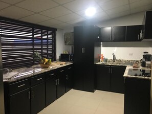 City Studio | Private kitchen | Fridge, microwave, cookware/dishes/utensils - Airport Loft Apartments (Alajuela)