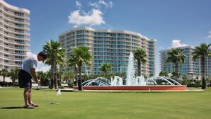 Een golfbaan met een putting green, palmbomen en een fontein.