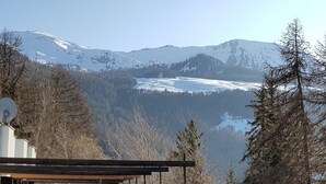 Un pontile in legno con vista sulle montagne innevate.