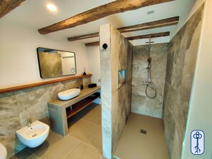Shower, hair dryer, bidet, towels