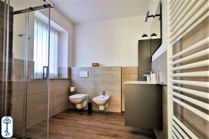 Shower, hair dryer, bidet, towels