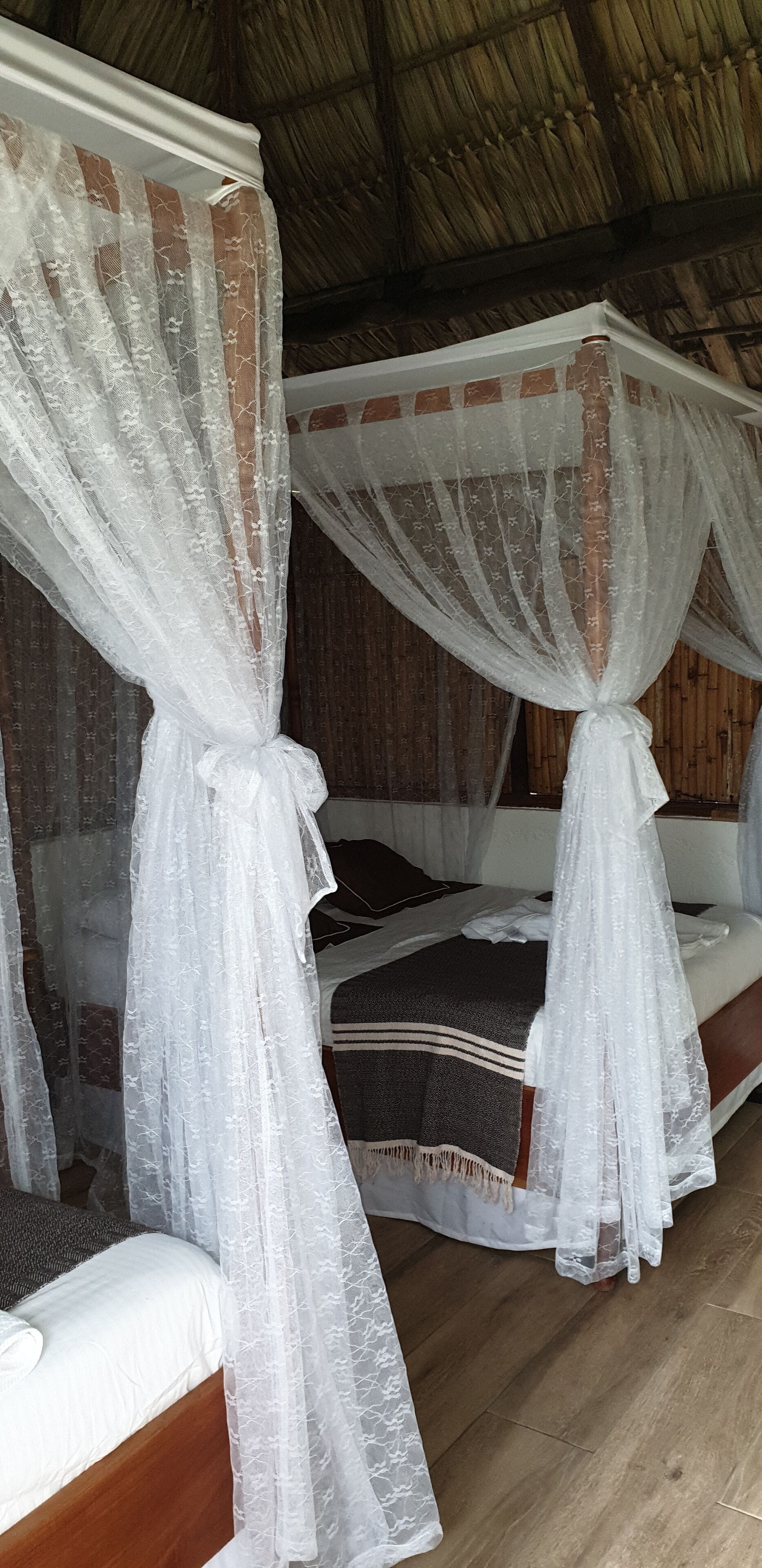 Een kamer met twee bedden, elk voorzien van een hemelbedovertrek en een klamboe.