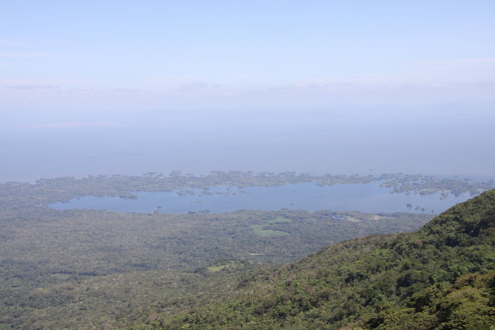 A coastal landscape with dense greenery and scattered islands.