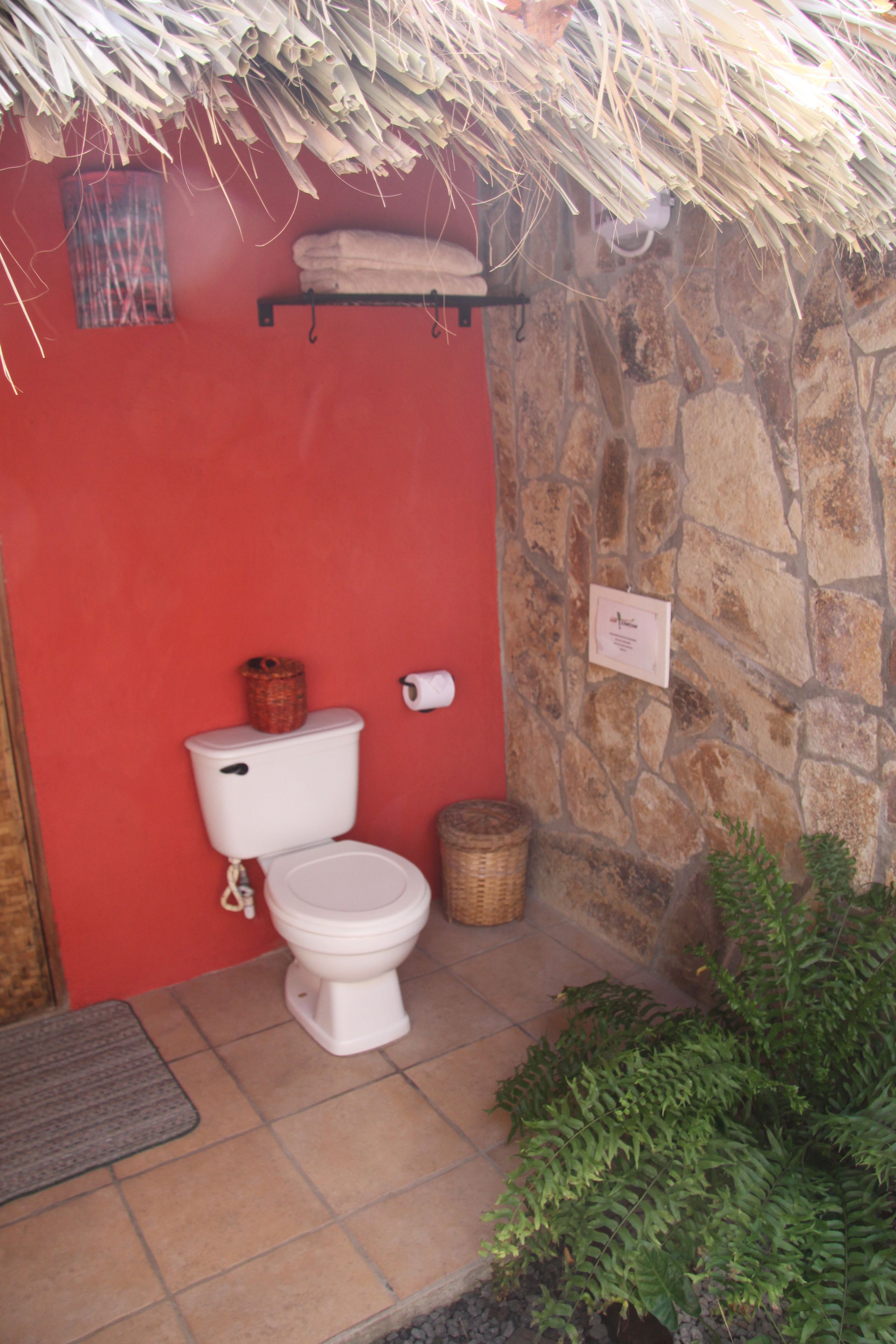 A bathroom with a red wall, a stone wall, a white toilet, a basket, and a small plant.