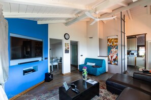 TV connectée, cheminée, livres