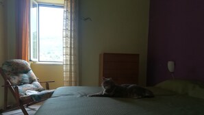 Une chambre à coucher avec un lit, une chaise, une commode et un chat.