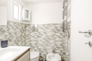 Shower, hair dryer, bidet, toilet paper