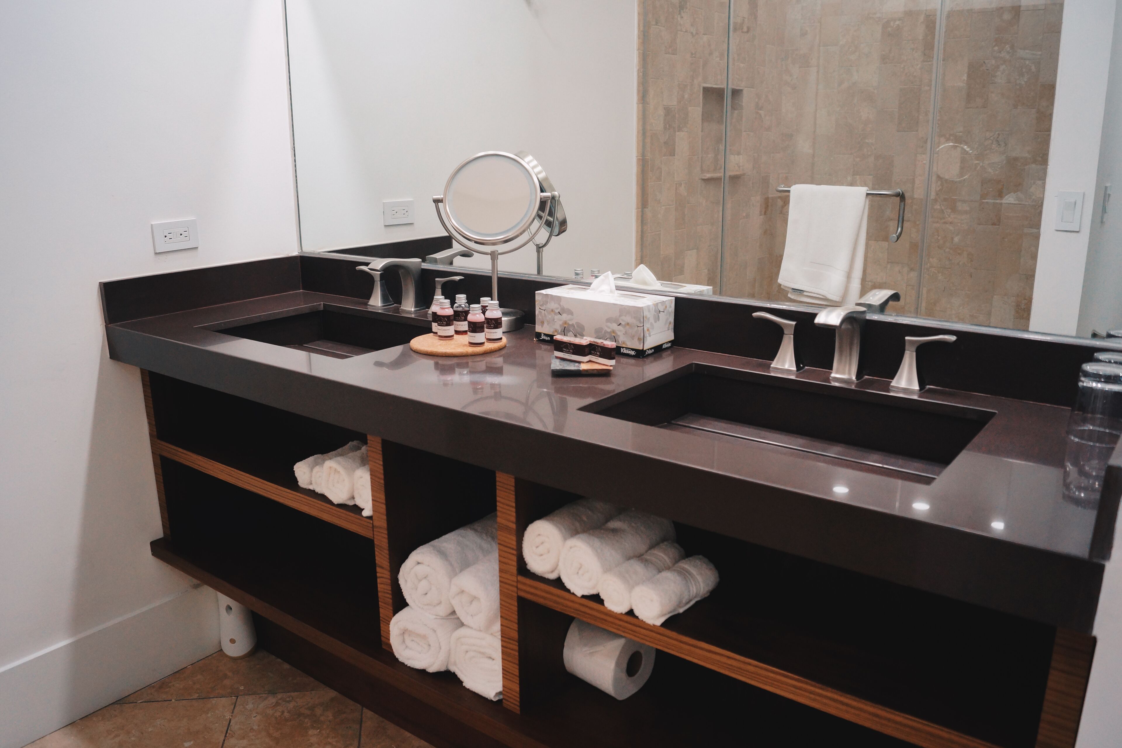 shower, hair dryer, bathrobes, towels