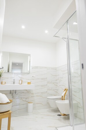 Combined shower/tub, hair dryer, bidet, towels