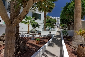 A courtyard with palm trees, a white building, and a pathway. - La Estrella 1A020 con vistas panorámicas al mar (Los Cristianos)