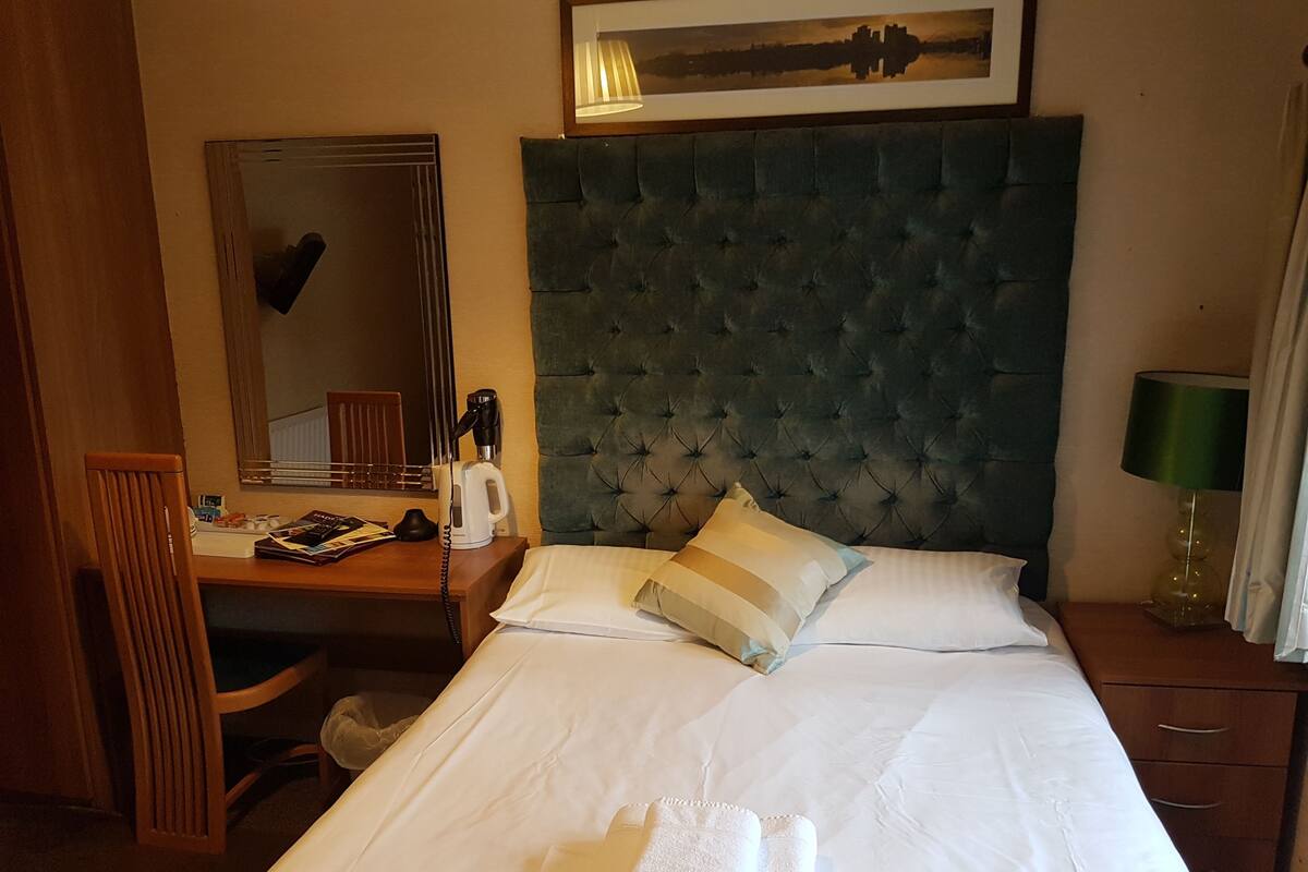 A hotel room with a large bed, a wooden desk, a chair, a mirror, a bedside table with a lamp, and a framed picture on the wall.