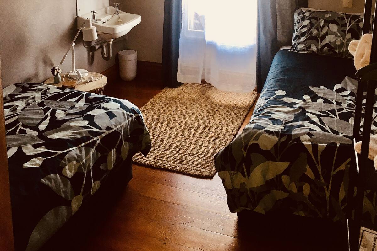 Una habitación pequeña y acogedora con dos camas, un lavamanos y un espejo.