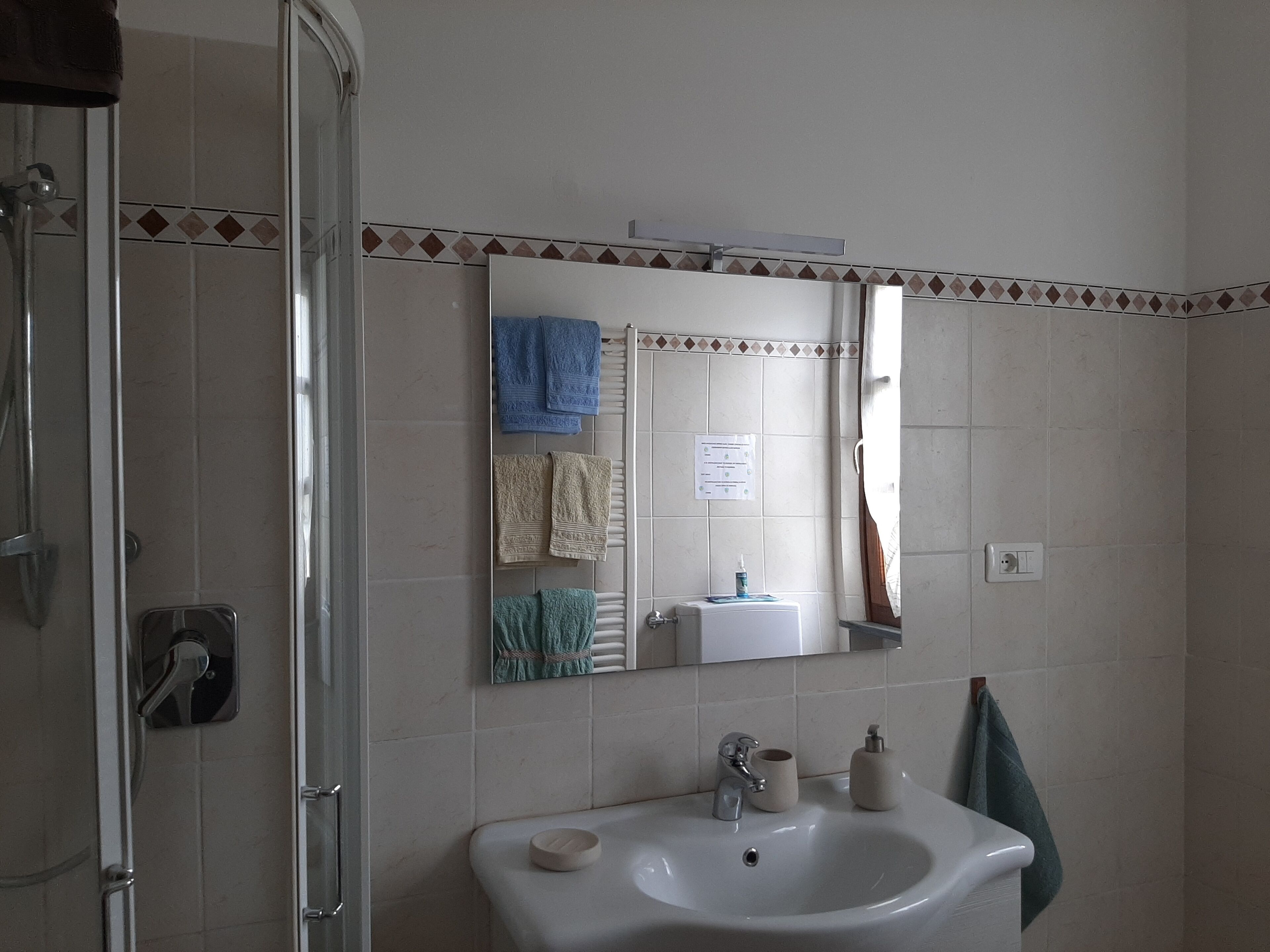 A bathroom with a glass shower enclosure, a sink with a mirror above it, and towels hanging on a rack.